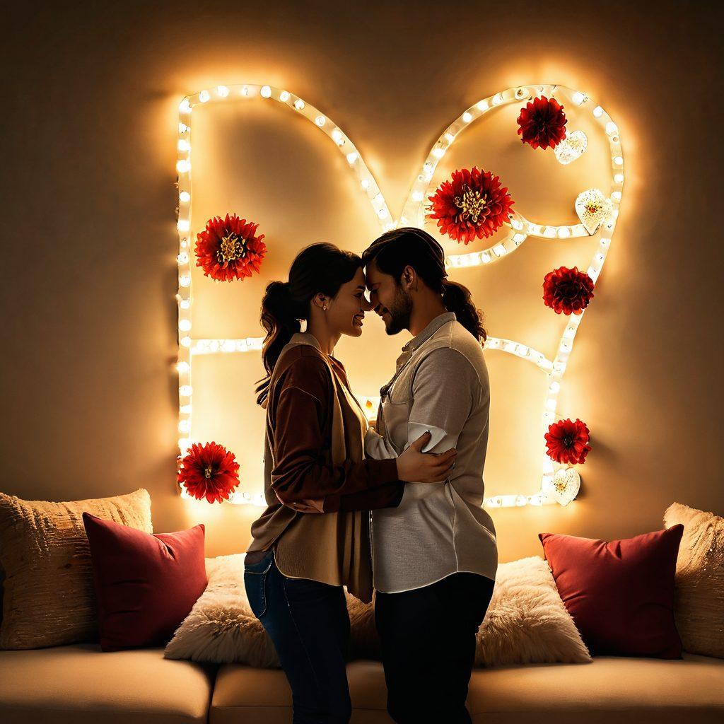 A couple sharing a tender moment in a serene, beautifully decorated room filled with soft lights and rich textures. Their expressions radiate joy and intimacy, surrounded by artful displays of love like intertwined hands, flowers, and heart-shaped decorations. The background features warm colors and cozy furnishings, inviting a sense of connection. super-realistic. warm tones. soft lighting.