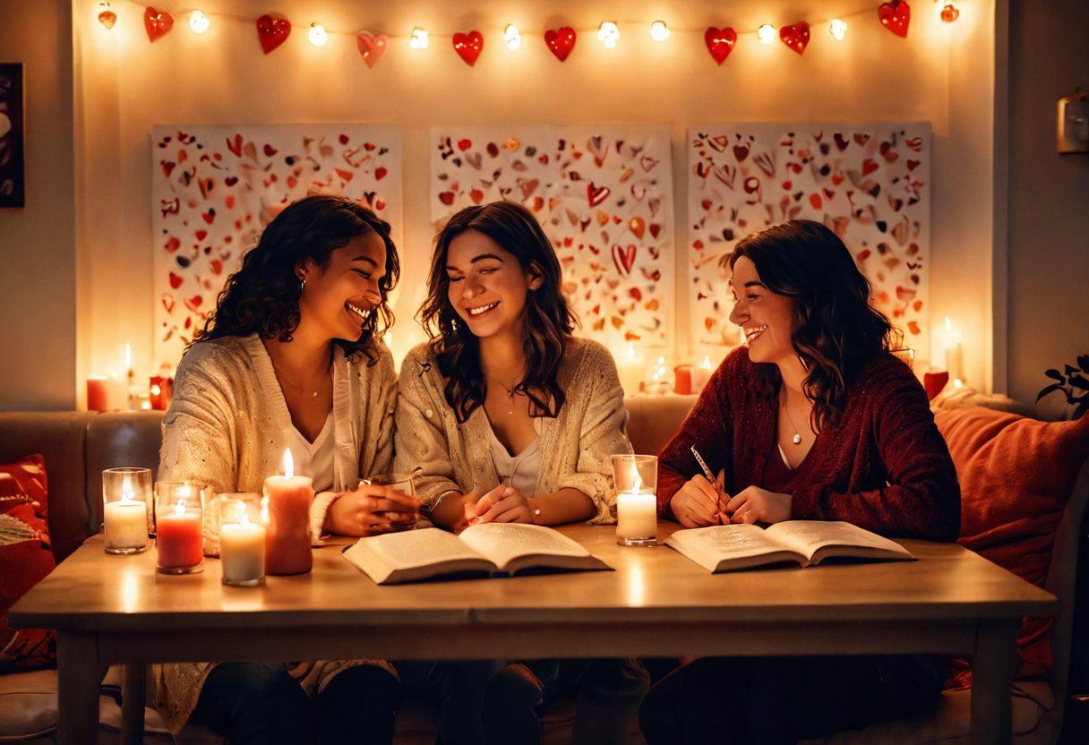 A cozy, softly lit setting featuring two people sharing a laughter, surrounded by warm colors and playful elements like hearts and playful doodles in the background. Include a table with a romantic setup: candles, wine glasses, and books with heart-shaped motifs. The mood should evoke affection, warmth, and playful connection. super-realistic. vibrant colors. soft focus.