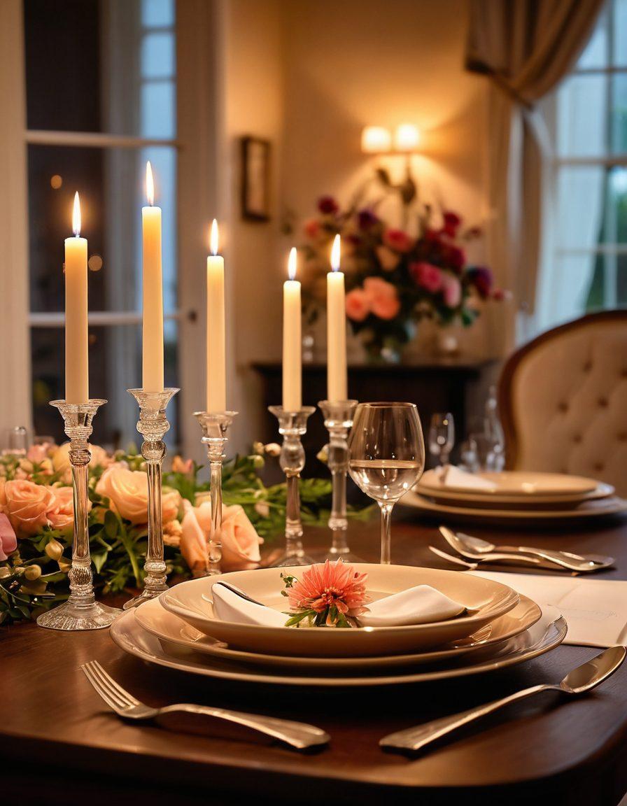 A romantic candlelit dinner setting with a beautifully set table featuring fine dining utensils, delicate flowers, and soft, warm lighting in the background. A couple is seen sharing an intimate moment, with tender expressions and a sense of connection. Soft-focus effects in the background to enhance the mood of intimacy and love. elegant and dreamy. vibrant colors.